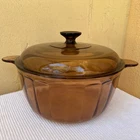 Vtg Visions Corning Ware Amber 4.5L 5qt Glass Dutch Oven Stock Pot & Pyrex Lid
