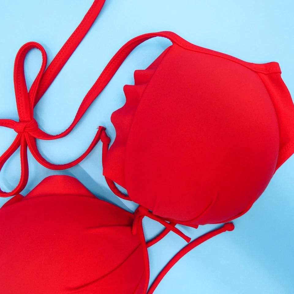 Top de bikini Victorias Secret 34DDD rojo capri con volantes corbata con aros halter natación VS Foto 2 de 4