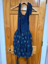 Anthropologie Stacia Floral Apron Embroidered Navy Blue Lightweight Linen Blend