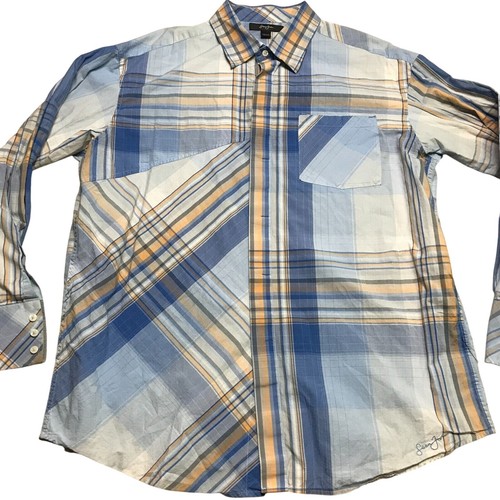 Sean John Men's Size 3XL Plaid Stripped Blue Long Sleeve Button Up Casual Shirt