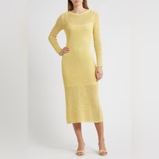 WAYF Sunny Open Stitch Long Sleeve Sweater Dress Golden Yellow XS NWOT