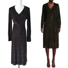 Elie Tahari Black Leopard Print Metallic Velvet Midi Dress Size 8 Long sleeve