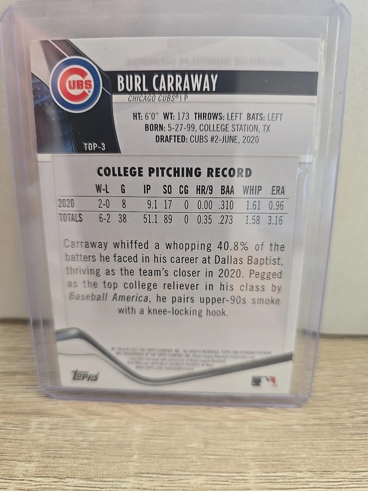 2021 Bowman Platinum - Top Prospects Burl Carraway #TOP-3 (RC) - Image 2 of 2