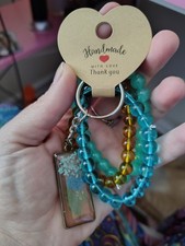 Handmade Floral Beaded Key Chain for Women, Resin Glass, Turquoise Amber
