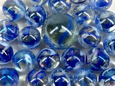 25 Glass Marbles GREAT WHITE SHARK Clear/Blue Game Pack Shooter
