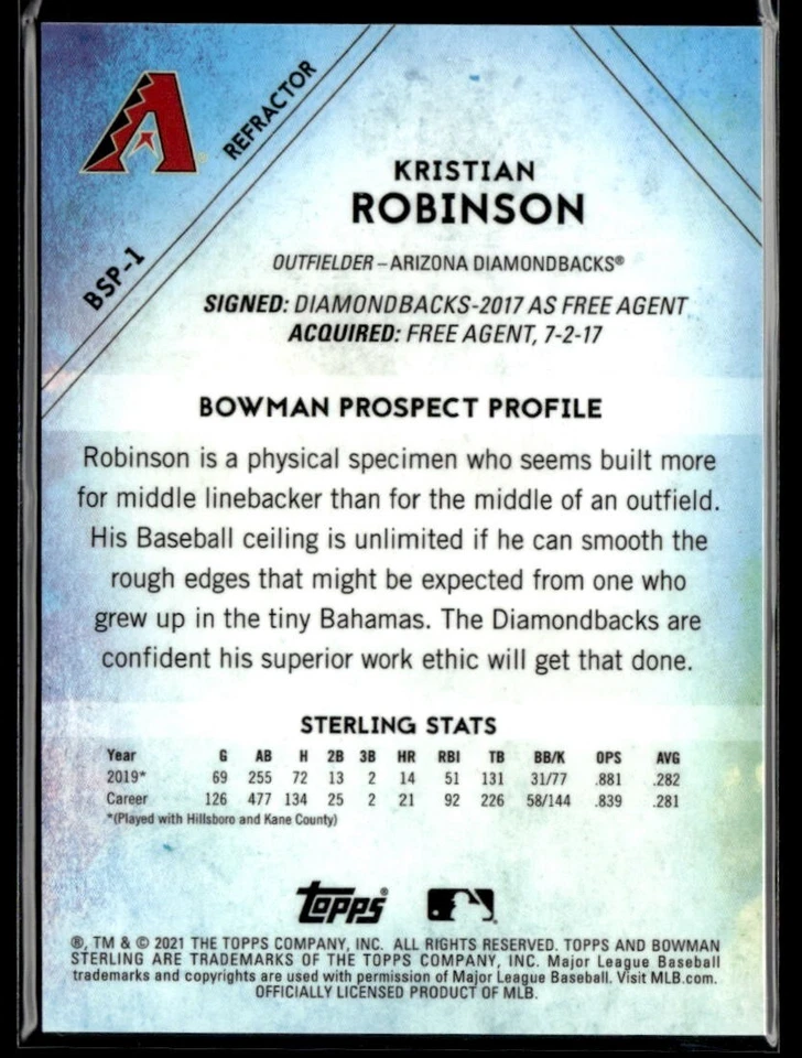 2021 Bowman Sterling Prospects Refractor #BSP-1 Kristian Robinson /199  BB01R01A - Image 2 of 2