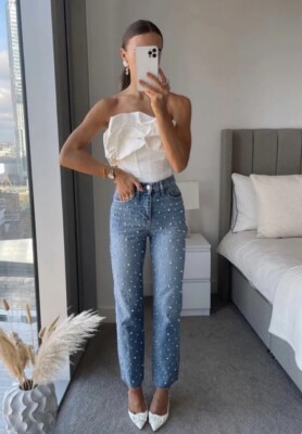 ZARA Z1975 STRAIGHT-LEG HIGH-WAIST JEANS PEARL BEADS BLUE UK 6 FW24 REF.6164/227