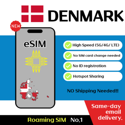 Denmark + Europe 33Countries  Travel eSIM - 12 to 30 Days - Unlimited, 5G