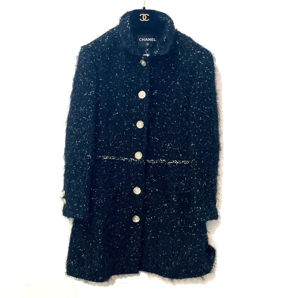 CHANEL P73115 22A Glitter Tweed Materasso CC Bottone Marcatura Esterno Cappotto Lungo Nero