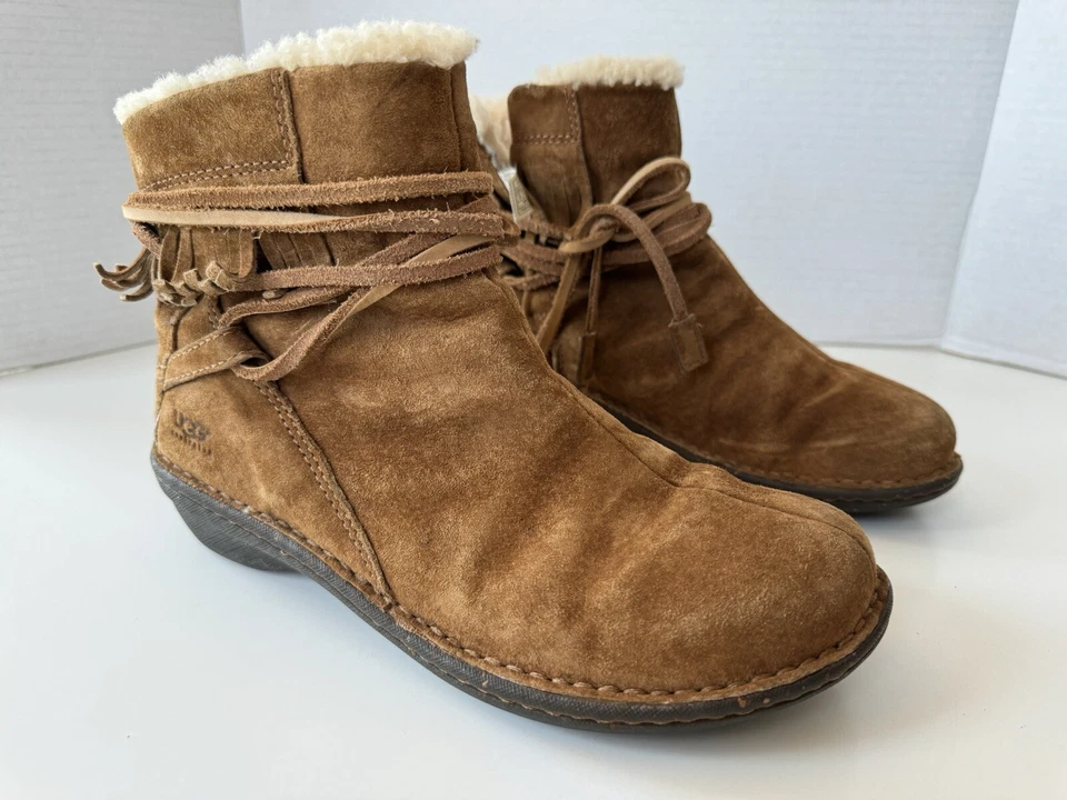 UGG Gaviota Cuero Tostado Gamuza Borla Forrado Cálidas Botas Zapatos Para Mujer Talla 8” Foto 2 de 4