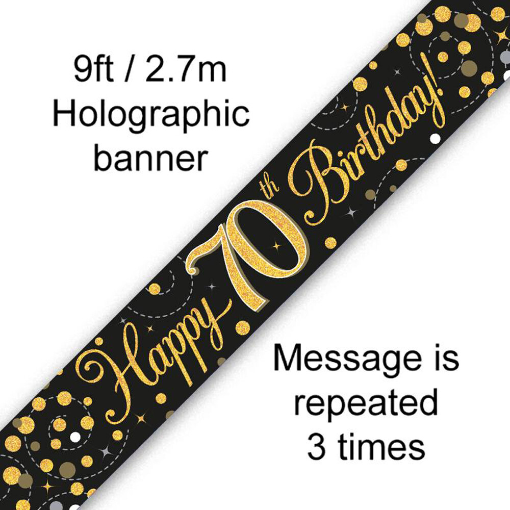 70th Birthday Party Banner – Black & Gold Happy 70th Party Decoration Bunting