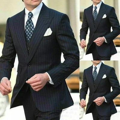 3 Pcs Mens Navy Blue Stripe Peak Lapel Formal Dinner Groom Tuxedos Wedding Suit