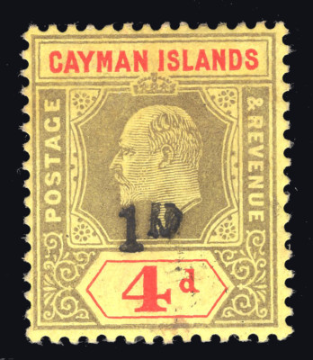 MOMEN: CAYMAN ISLANDS 1908 1d on 4d REVENUE UNAUTHORIZED MINT OG H