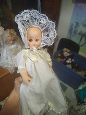 Baby Girl Doll Blue Eyes Blonde Straight Hair Light Complexion White Gown Bonnet
