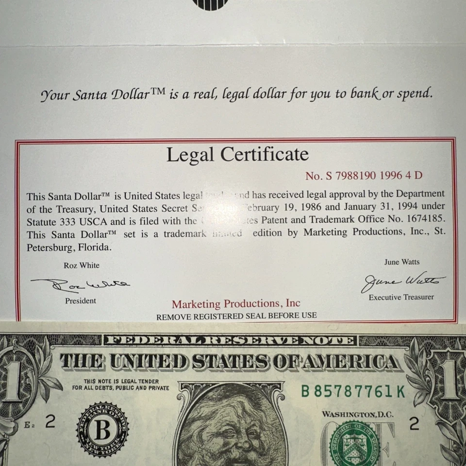 1985 Santa Claus Limited Edition real One Dollar Bill - Uncirculated - Image 4 of 4