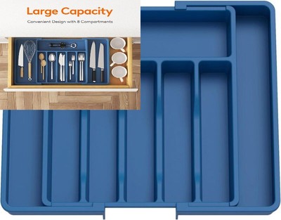 Cutlery Drawer Organiser, Expandable Utensil Tray for Dark Blue 