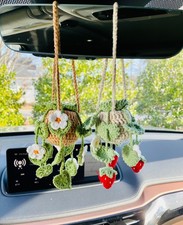 Crochet Flowers Car Hanging Plant, Handmade Rearview Mirror Decoration