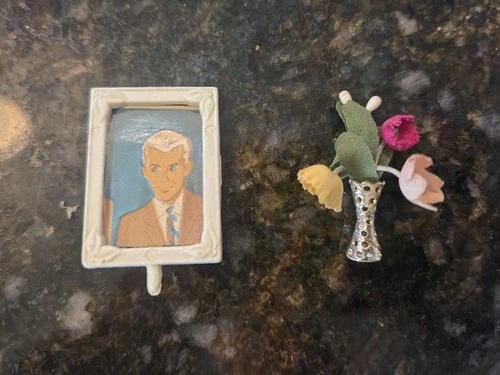 VTG Barbie Susy Goose Vanity Framed Ken Portrait Photo 1" x 1.25" & Vase Flowers