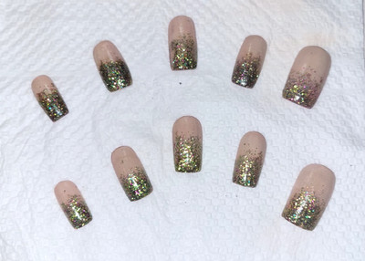 press on nails| Baby-Glam glittler| Green Nude| Large| Handmade Acrylic Full Set