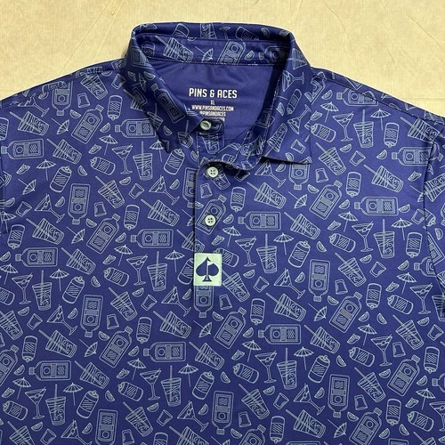 Pins & Aces Men’s XL "Happy Hour" Cocktails Print Golf Performance Stretch Polo