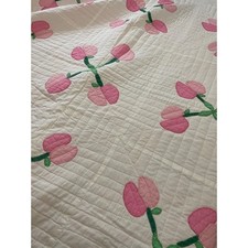 Vintage Quilt Hand Stitched Pink Tulips Flowers 80" x 102" Queen CottageCore