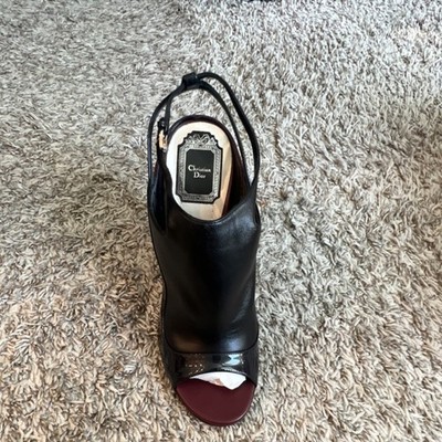 Christian Dior Black Burgundy Cut-Out Buckle Peep Toe Stiletto Leather Heels