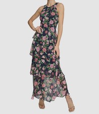 Tommy Hilfiger Women's Blue Chiffon Floral Ruffled Halter A-Line Dress Size 8
