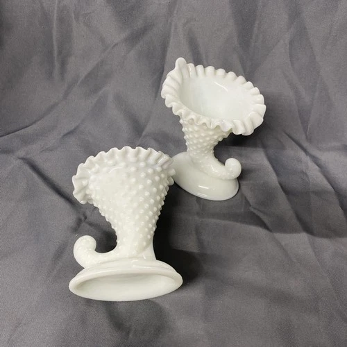 Set (2)  Vintage Fenton White  Hobnail Ruffle Cornucopia Holder Vase Candle