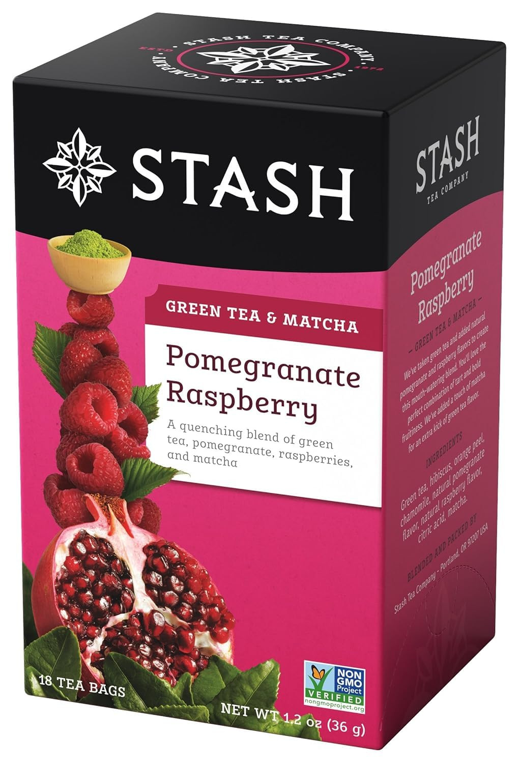 Pomegranate Raspberry Green Tea & Matcha Blend 18 Count Tea Bags In Foil Ind