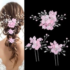 3 PCS Flower Hair Pins, Ymapinc Bridal Pink Hair Accessories with Pearls