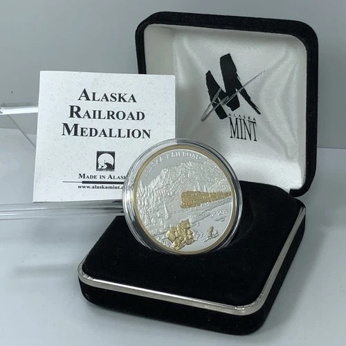 Alaska Mint 1 Oz 2019 Railroad Train Medallion .999 Fine Silver & Gold Round COA