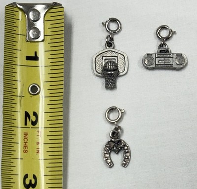 (3) Miniature Metal Charms BOOMBOX- BASKETBALL HOOP -HORSE SHOE w Bling
