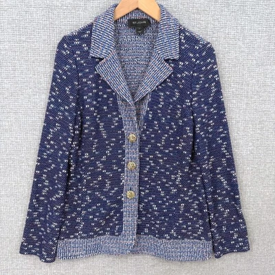 St. John Knit Blazer Jacket Textured Gold Buttons Blue Women M 8
