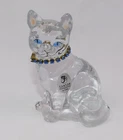 Fenton Clear Glass Cat Figurine Blue Rhinestone Collar Hand Painted Signed
