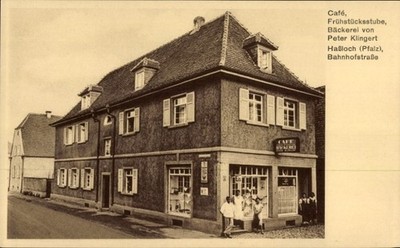 Postcard Haßloch in der Saarpfalz, cafe, bakery, Bahnhofstraße - 11011898