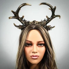 Gold Deer Antlers with Flowers Headband Cosplay Horns Headdress Halloween Costum
