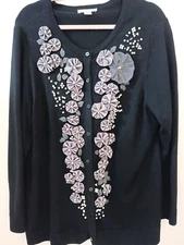 CJ Banks Sz 1X 46" Black Cardigan Sweater w Gray Satin Rosettes & Pearls Cotton