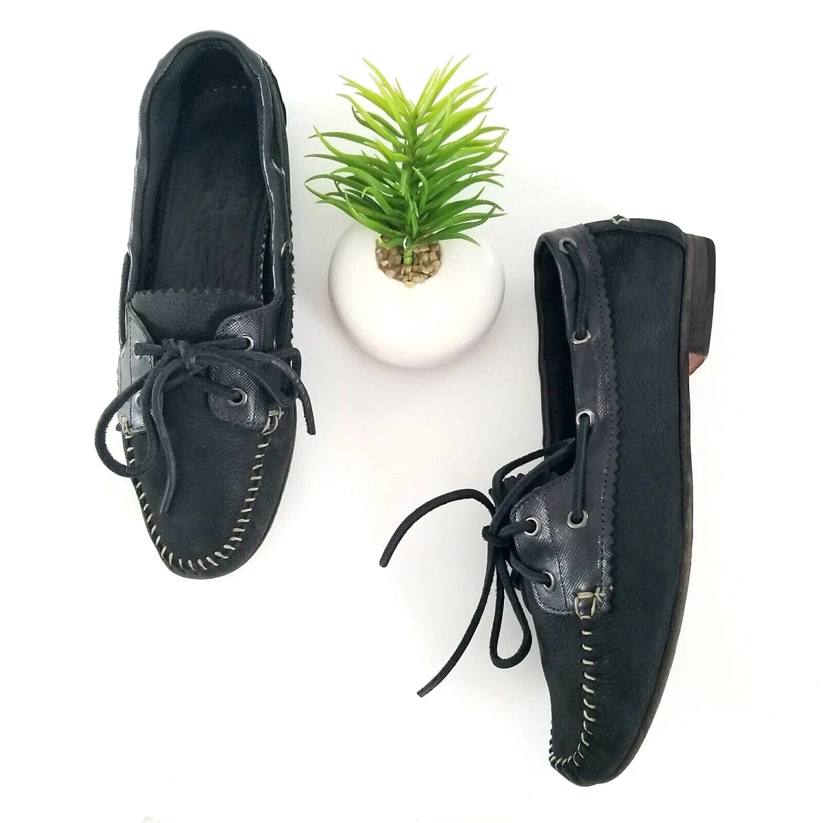 Rag & Bone Womens Dock Boat Shoes Mocassin Black Leather Lace