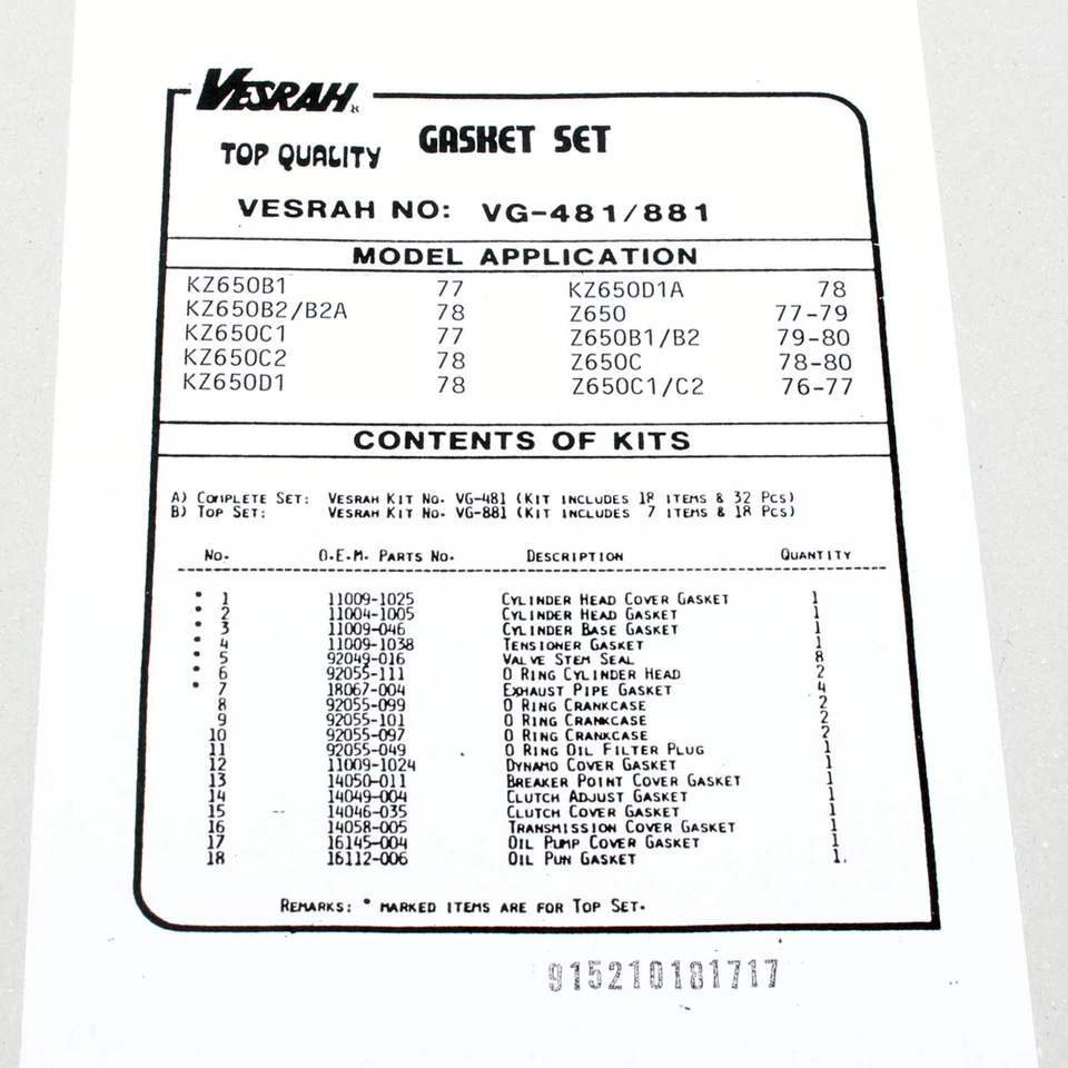 Engine gasket set complete for Kawasaki Z 650 /SR (B/KZ650C/D/F) 77-82 Foto 2 de 3