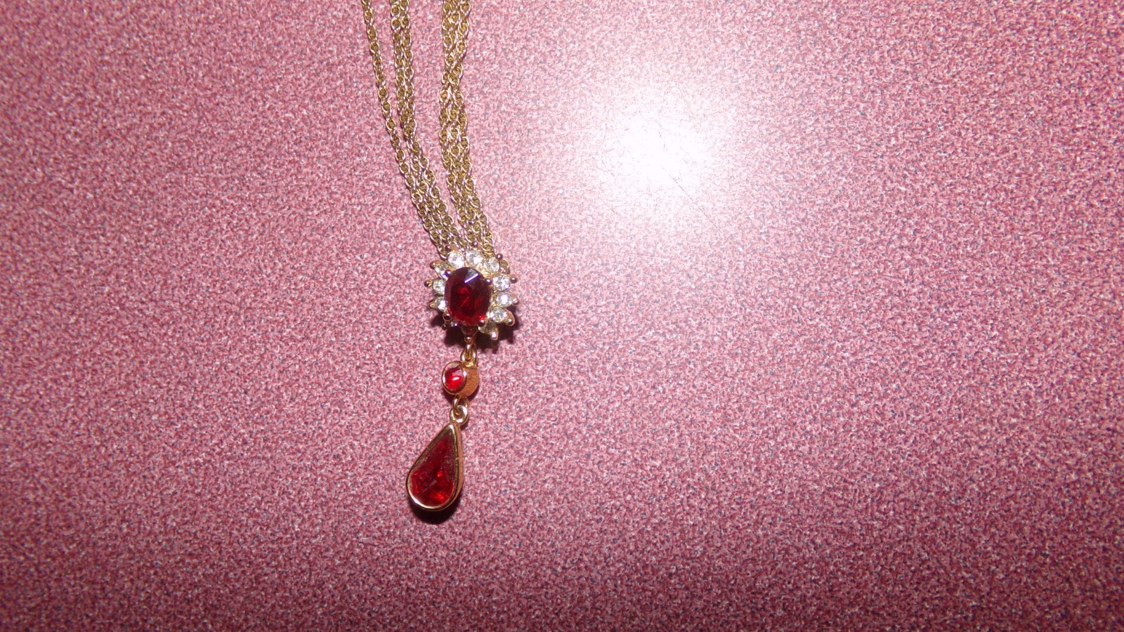 Rare Genuine Ruby 3 Tier Necklace Fine Textured 3 Strand Gold Tone Crystals