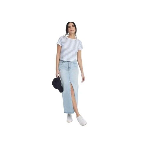 Maxi Falda Denim Hilo Universal Cintura Alta Abertura Frontal Lavado Claro Talla 6 - Imagen 3 de 10
