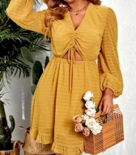 SHEIN VCAY Plus Swiss Dot Cut Out Drawstring Front Dress in Yellow, Size 1XL