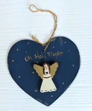 Vintage 1995 hand painted christmas Ornament Angel on Heart Oh Holy Night wood