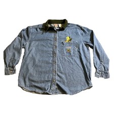Vintage 90s Y2K Looney Tunes Warner Bros TWEETY Denim Shirt Embroidered M