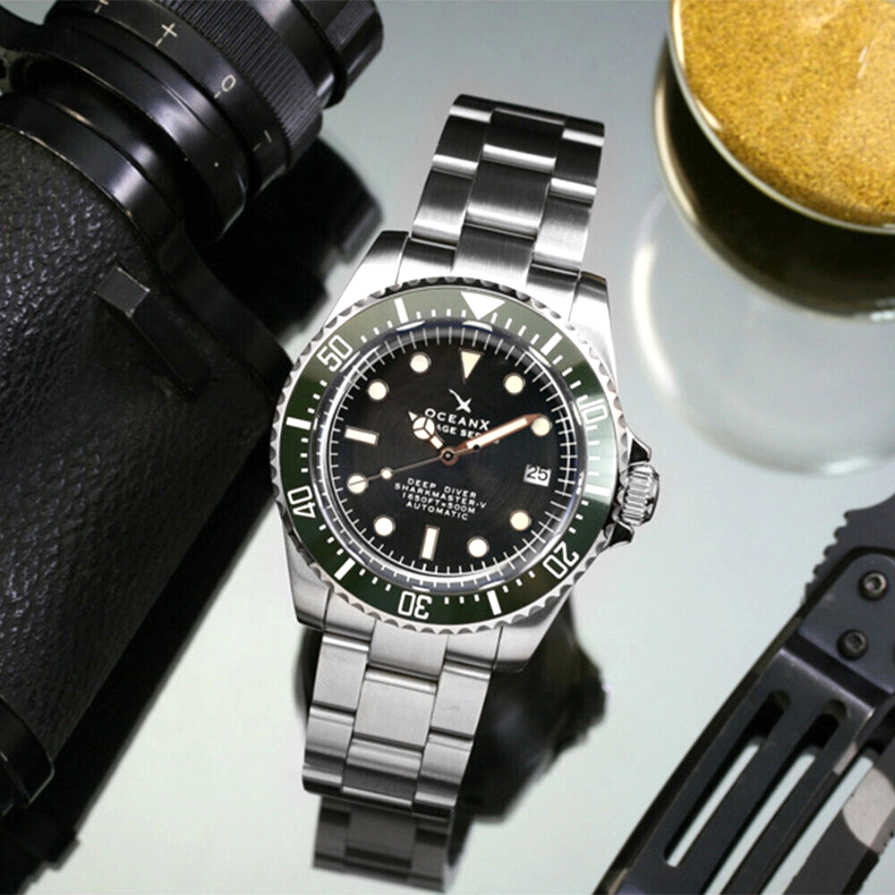 OceanX Sharkmaster-V Automatic Men's Diver Watch 42mm Green Bezel