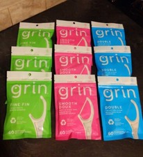 9 PKG Earth Lovin GRIN 60PC Dental Flossers,FINE FIN, SMOOTH DOUX, DOUBLE CLEAN