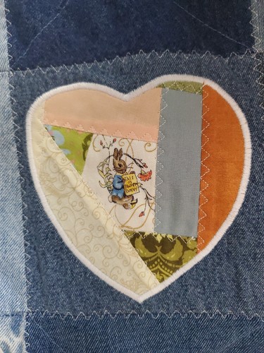 Blue Jean Denim Crazy Twin Quilt Peter Rabbit Hearts Artisan Crafted 66x90.5 - Picture 11 of 13