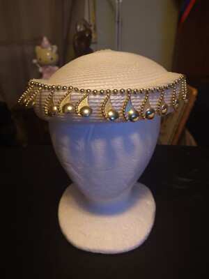 Womens Fancy Church Derby Wedding Hat White With Hanging Gold Pearls (not real) M23157 Soft-white Wide-brim Sinamay Hat With Jumbo Bow  main image 4