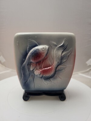 Ceramic Vase w/ Embossed 2 Blur Red Goldfish 5 1/4'' - READ