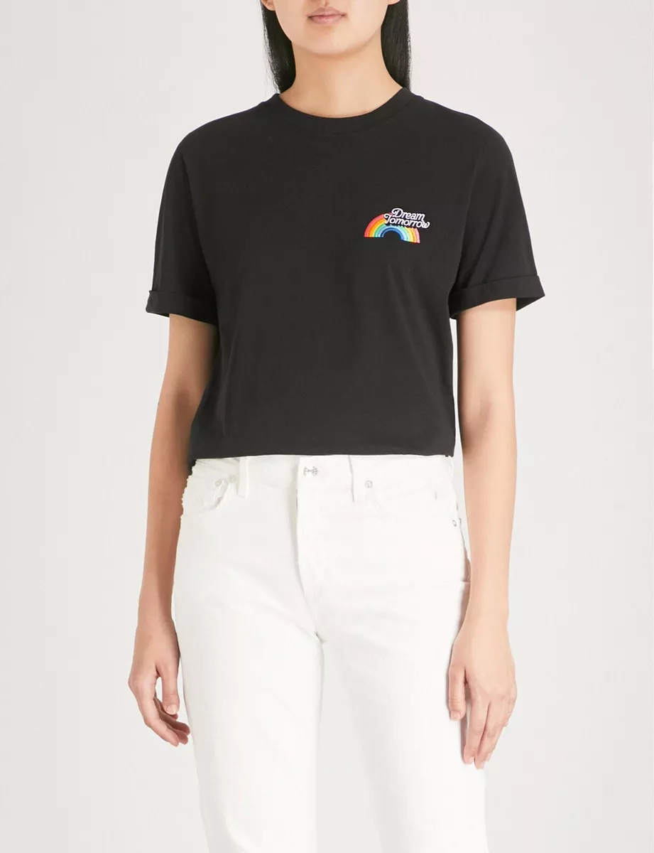 EUC Maje Women s Dream Tomorrow Embroidered cotton jersey T shirt Black 1 125
